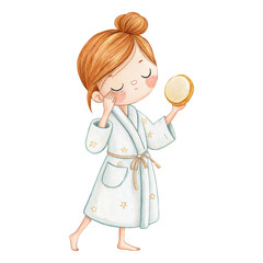 Cute spa girl in bathrobe applying skincare with sponge in relaxing beauty scene