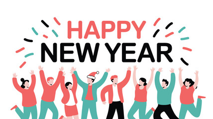 happy new year celebration illustration with joyful diverse people jumping, festive confetti elements and modern flat style holiday greeting design