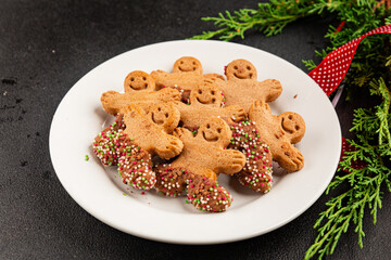 Gingerbread man cookies Christmas sweet dessert new year Christmas background tasty snack fresh delicious gourmet food background on the table rustic top view copy space