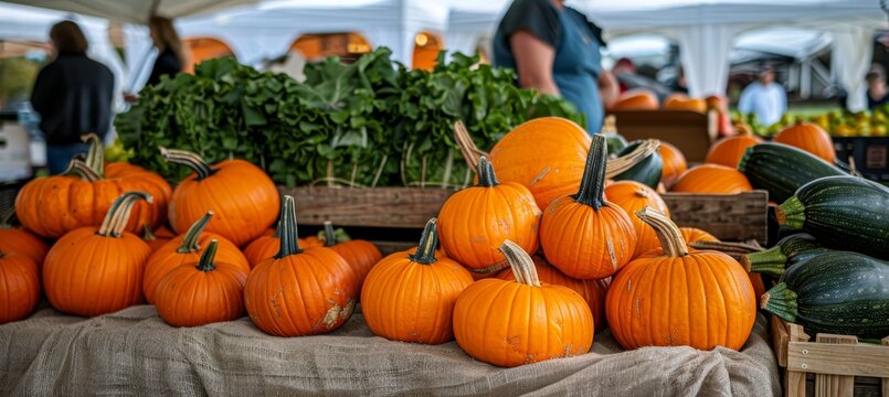 Vibrant autumn farmers market colorful vegetables, pumpkins, and lively shopping experience