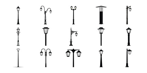 Collection of various street light silhouette illustrations on white background