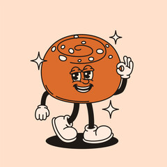 Groovy cinnamon bun character in retro style.