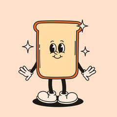 Groovy piece of bread character in retro style.