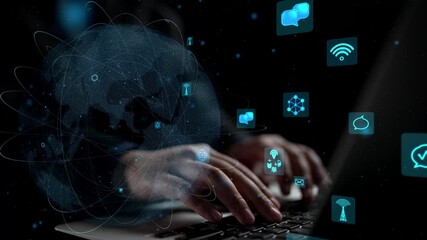 A creative representation of technology and communication, featuring hands typing on a laptop surrounded by vibrant digital icons and a world map, emphasizing connectivity. Xenic - Powered by Adobe