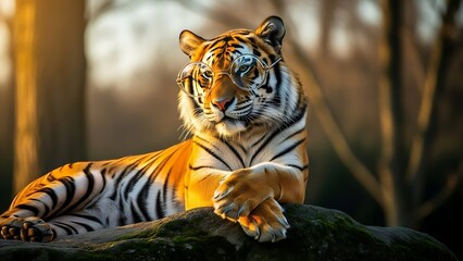 Majestic tiger resting in a sunlit forest clearing.