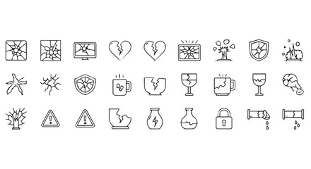 Collection of Distressed Icons Representing Broken Items and Abstract Concepts in Outline Style, Set Against a White Background