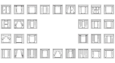 Variety of Window and Curtain Styles An Extensive Illustration of Window Treatment Designs and Architectural Elements Showcase.