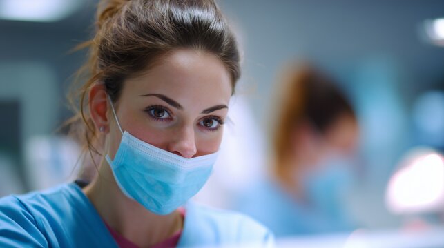 In a dental clinic, a woman dentist in blue scrubs collaborates with her team, focusing on providing detailed dental care and assistance to patients during procedures. The skilled