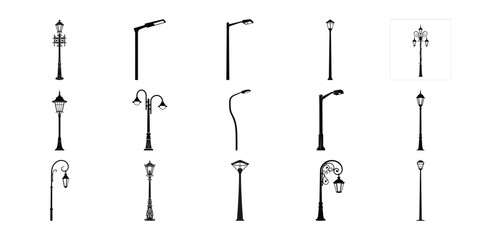 Street light silhouette collection diverse urban lighting fixtures