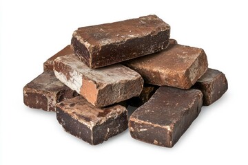 Stack of weathered bricks on white background. AI image