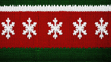 Christmas sweater pattern with white snowflakes on green and red knitted background, horizontal striped knitting pattern with white stars and snowflake designs.