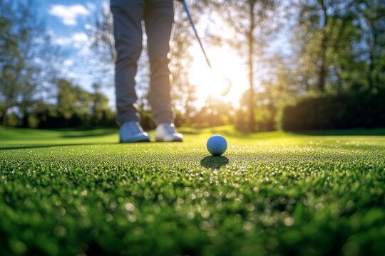Golfer preparing swing on lush green course at sunset. AI image