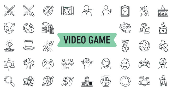 Collection of Video Game Related Iconography, Representing Different Aspects Such as Adventure, Strategy, Skill, Collaboration, and Entertainment
