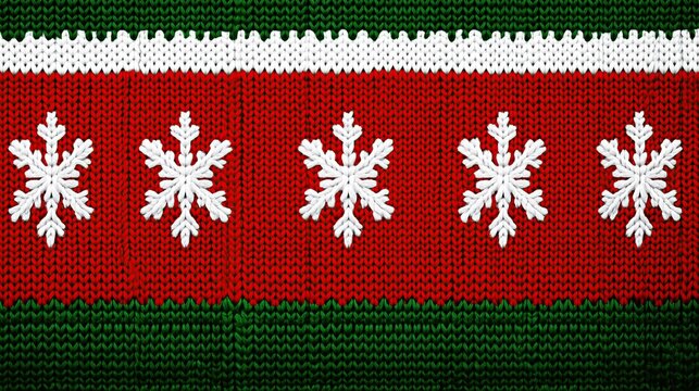 Christmas sweater pattern with white snowflakes on green and red knitted background, horizontal striped knitting pattern with white stars and snowflake designs.