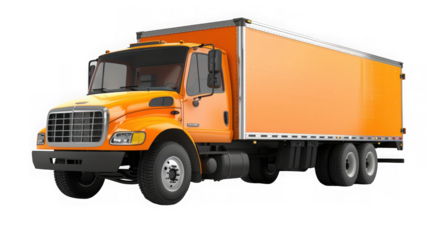 Bright orange box truck with a large cargo trailer isolated on transparent background