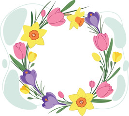Naklejka premium Colorful Spring Flowers Wreath Daffodils, Tulips, and Crocuses in a Delightful Floral Circle