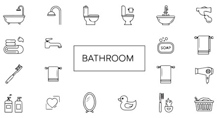 Fototapeta premium Bathroom essentials outlined, including bathtub, shower, toilet, sink, and various accessories for personal hygiene and care