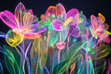 Vibrant neon floral artwork on dark background. AI image
