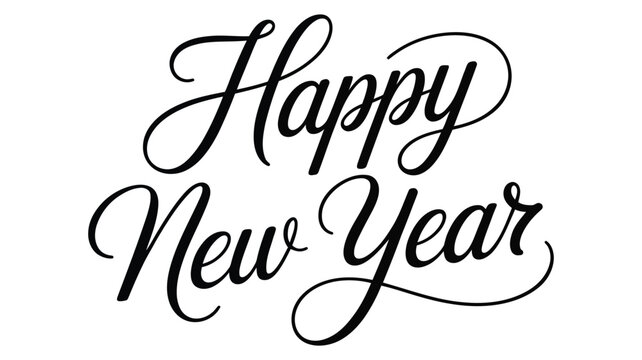 happy new year handwritten calligraphy text design in elegant black script typography on white background for festive celebration and greeting artwork