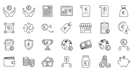 A collection of line art euro icons representing finance, economics, and moneyrelated themes such as savings, investments, and global economics