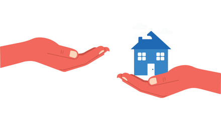 Naklejka premium Blue House Icon in Red Hands, Conveying Ownership, Real Estate or a Generous Gift, set on a Clean White Background