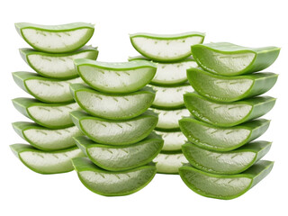 Multiple stacks of fresh aloe vera leaf slices showing the translucent inner gel, isolated on transparent background