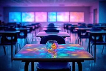 A vibrant classroom filled with colorful light patterns from a glass bowl, creating a serene atmosphere