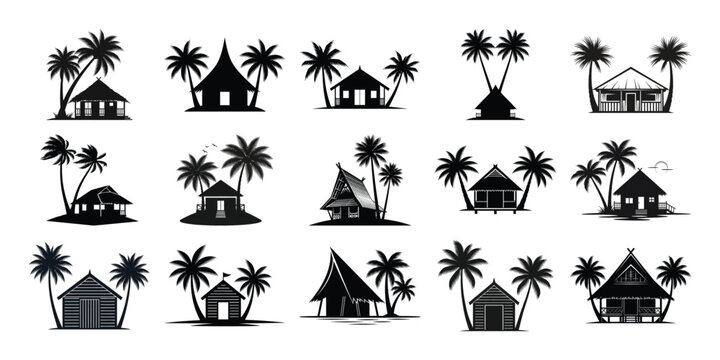 Tropical hut silhouettes with palm trees set against a white background