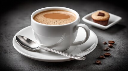 Rich coffee sits in a white cup alongside a tempting chocolate dessert, perfect for a cozy afternoon treat