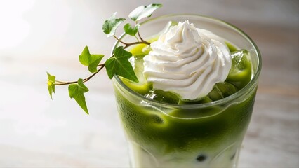 Preparing an iced matcha latte topped with whipped cream and garnished with fresh ivy branches