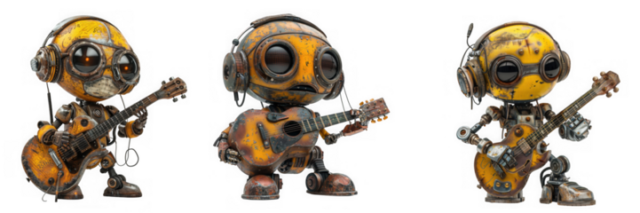 Three whimsical robot bumblebees playing guitars isolated on transparent background