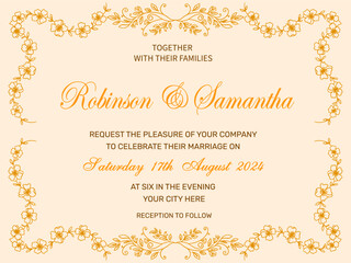 Elegant wedding invitation card with golden floral borders for Robinson and Samantha's marriage celebration on August 17, 2024.