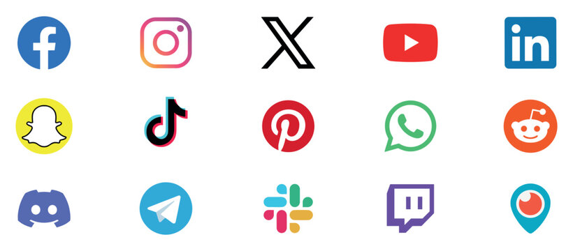 Realistic social media logotype collection: Facebook, instagram, twitter, youtube, linkedin, snapchat, telegram, pinterest, whatsap, periscope, vimeo,. Social media. Rivne, Ukraine - December 2, 2025
