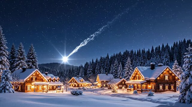 Winter Village Night Scene of Snowfall, Houses, and a Celestial Display, with a Meteor Shower, Serene and Festive Atmosphere, and Winter Wonderland