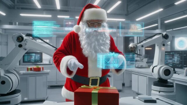 Santa Claus in a Futuristic Lab Enhancing Christmas Presents with Holographic Technology
