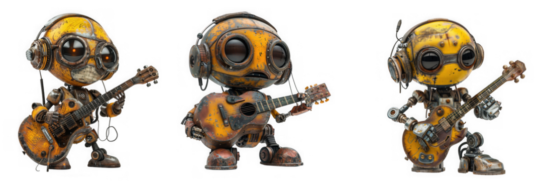 Three whimsical robot bumblebees playing guitars isolated on transparent background