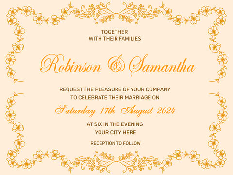 Elegant wedding invitation card with golden floral borders for Robinson and Samantha's marriage celebration on August 17, 2024.