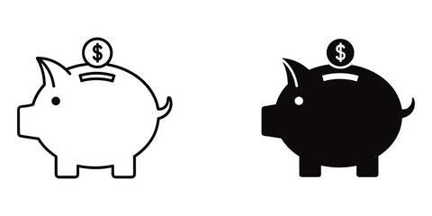 Outline and Silhouette Piggy Bank Icons with Coin money