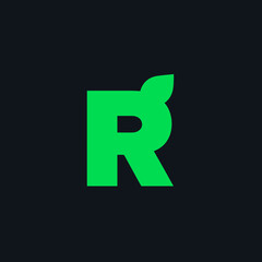 Fototapeta premium Green initial r with leaf element on dark background for design
