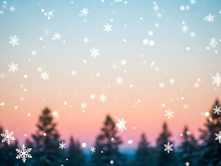 Snowflakes falling over a blurred landscape of evergreen trees against a pastel gradient sky of blue, orange, and pink.