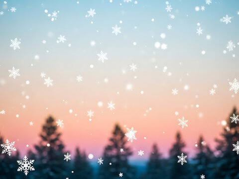 Snowflakes falling over a blurred landscape of evergreen trees against a pastel gradient sky of blue, orange, and pink.