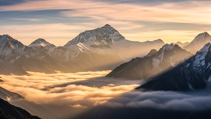 Majestic Mountain Peaks Emerging from a Sea of Clouds at Sunrise.