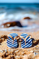 Striped Flip-Flops on Sandy Beach Near Shoreline