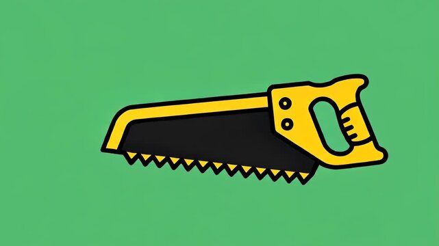 Cartoon illustration of a yellow and black hand saw against a green background