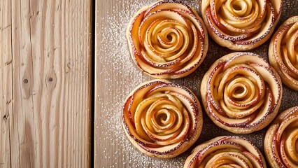 Fototapeta premium Freshly baked apple roses on wooden table, top view. Space for text