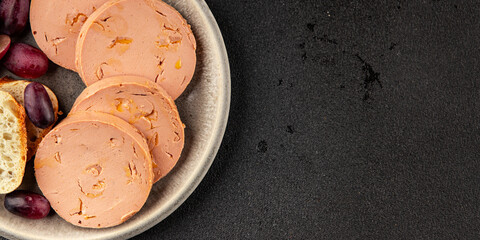 Foie gras pate goose liver delicacy tasty snack fresh delicious gourmet food background on the table rustic top view copy space © Alesia Berlezova