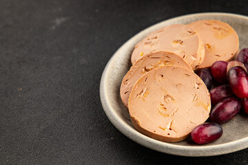 Foie gras pate goose liver delicacy tasty snack fresh delicious gourmet food background on the table rustic top view copy space