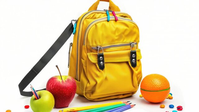 Video Yellow backpack containing apples, pencils, and oranges for a student's day