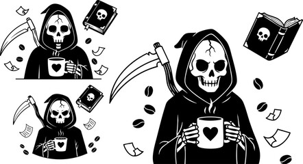 Grim reaper enjoys coffee and books in a spooky yet cozy monochrome illustration