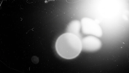 Abstract black and white background texture featuring bright, outoffocus light orbs and film grain, creating a vintage, ethereal, or grunge visual effect with lens flare
